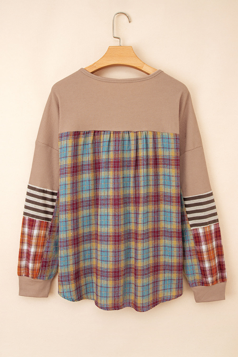 Stripe Plaid Patchwork Waffle Knit Henley Top