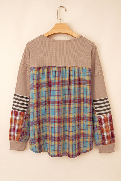 Stripe Plaid Patchwork Waffle Knit Henley Top