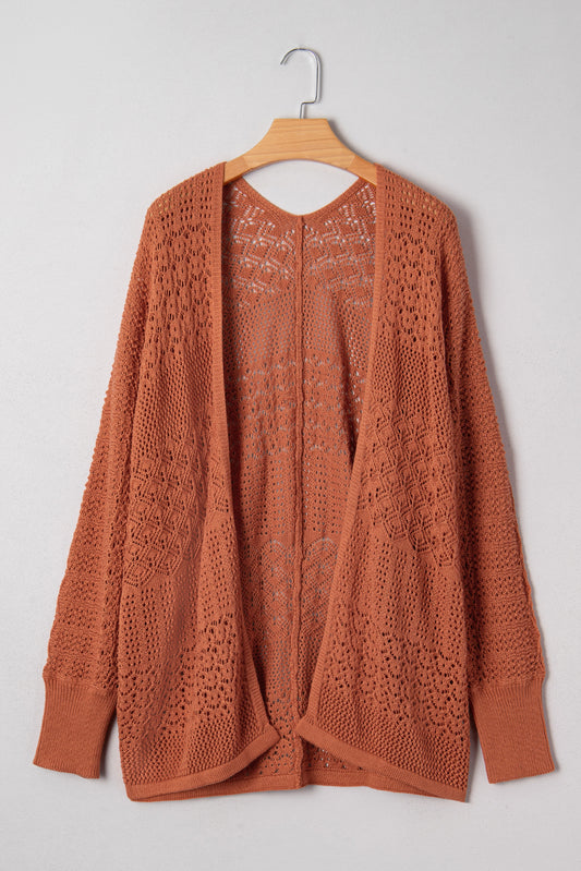 Plus Size Solid Pointelle Knit Open Front Cardigan