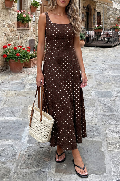 Polka Dot Square Neck Vacation Maxi Dress