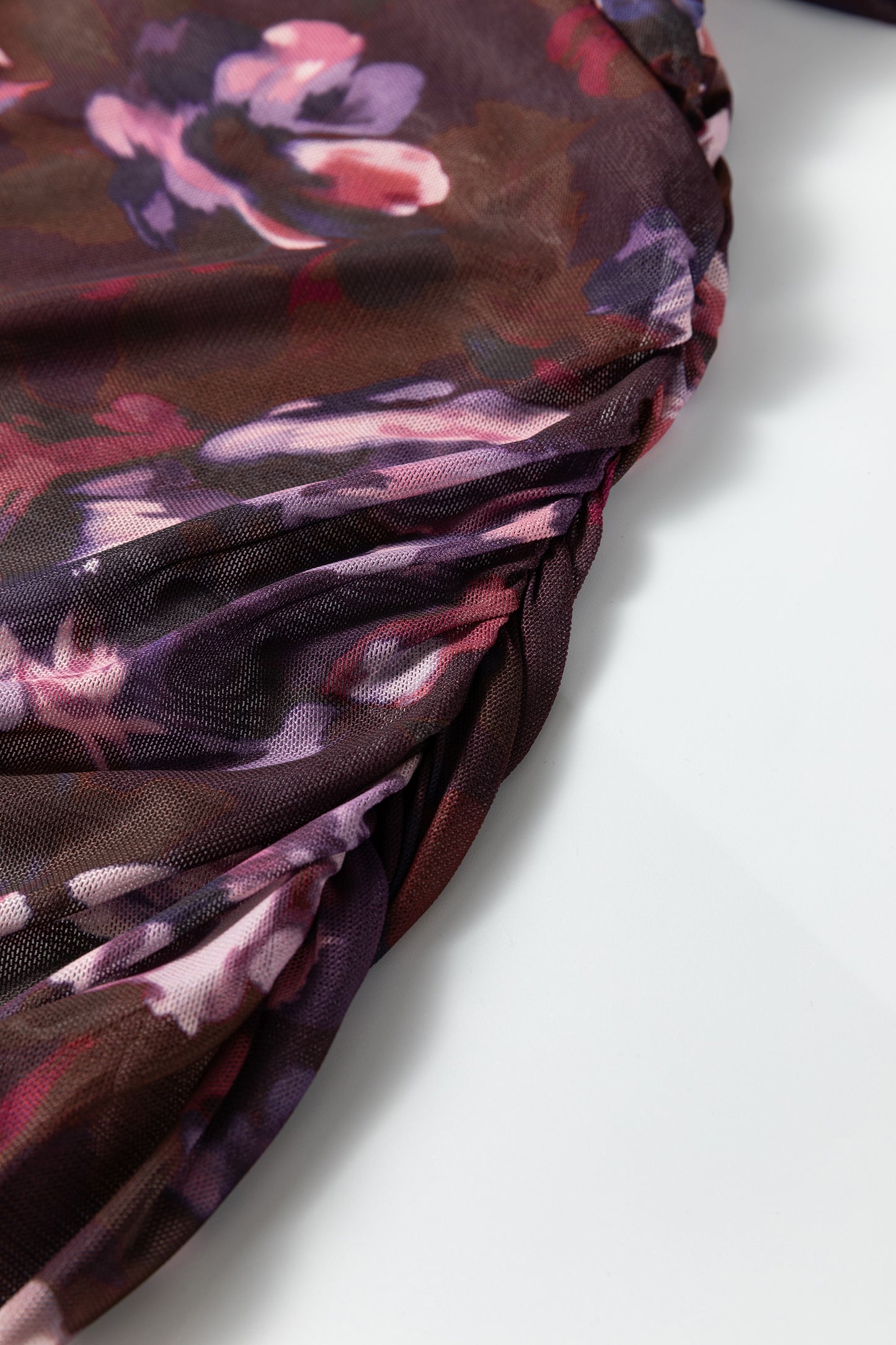 Floral Mesh Turtleneck Long Sleeve Ruched Top