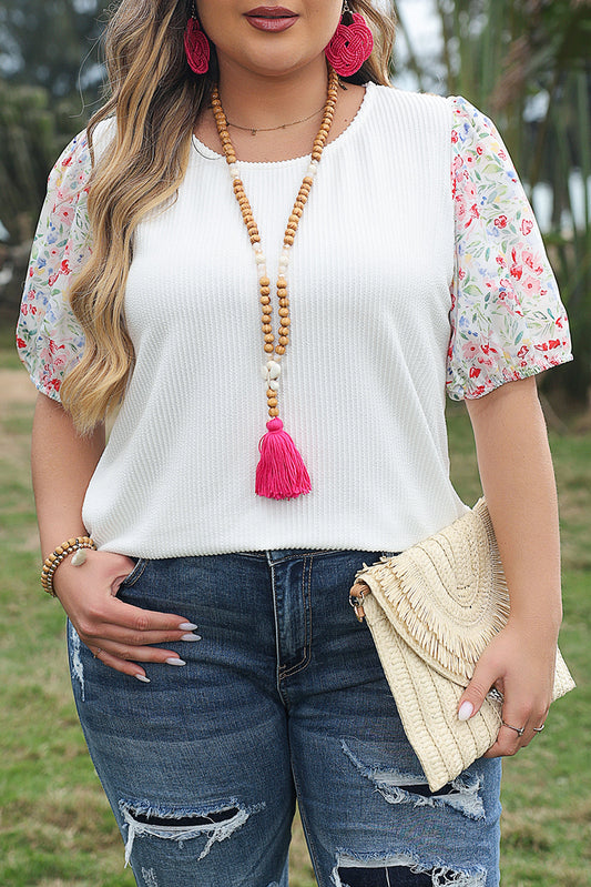 Ribbed Floral Puff Sleeve Blouse Plus Size