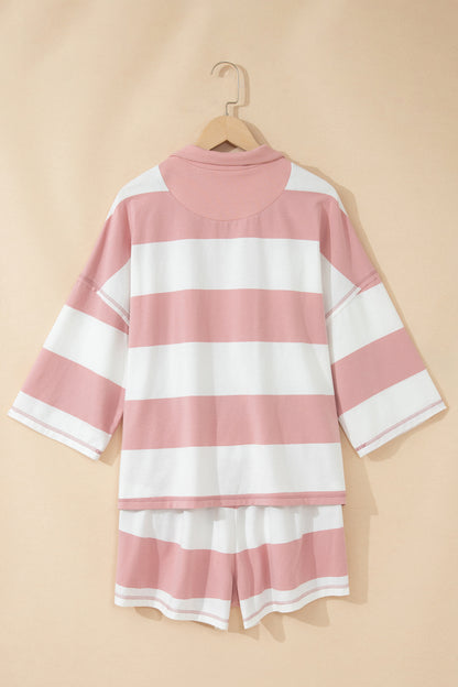 Stripe Half Zip 3/4 Sleeve Top & Shorts Set