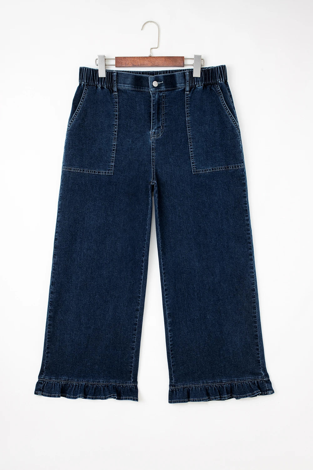 Plus Size Denim Elastic Waist Ruffle Wide Leg Pants