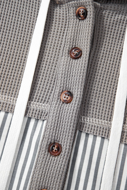 Stripe Waffle Patchwork Hooded Long Sleeve Top