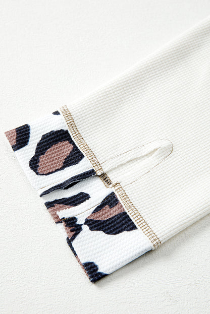 Leopard Waffle Knit Patchwork Zip Up Hoodie