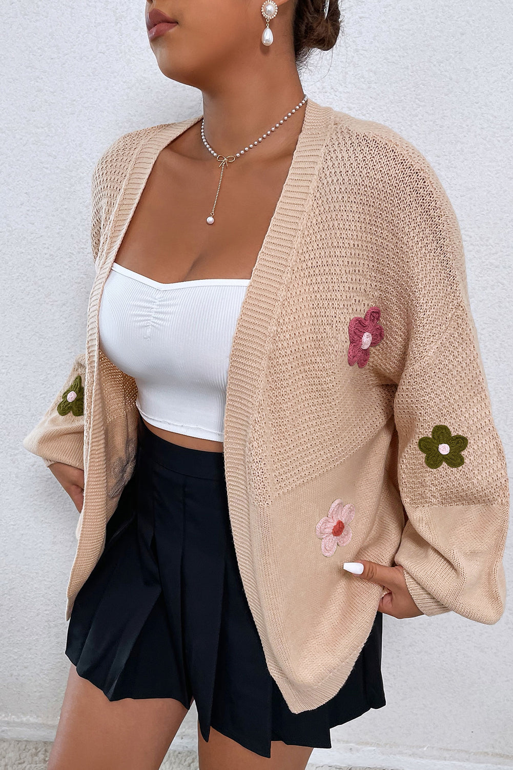 Floral Applique Drop Shoulder Cardigan