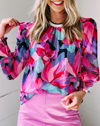 Floral Ruched Puff Sleeve Blouse