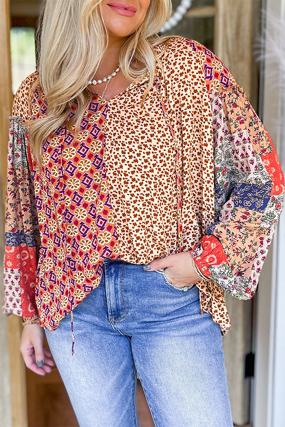 Plus Size Floral Geometric Patchwork Blouse