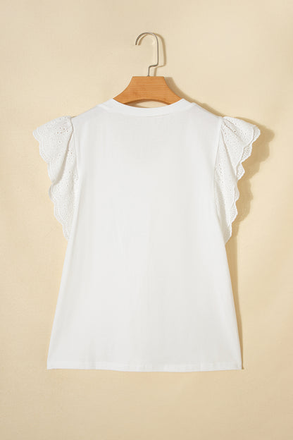 Eyelet Embroidered Flutter Sleeve Patchwork V-Neck Tee