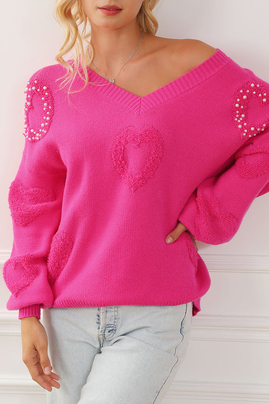 Pearl Embellished Fuzzy Hearts Sweater