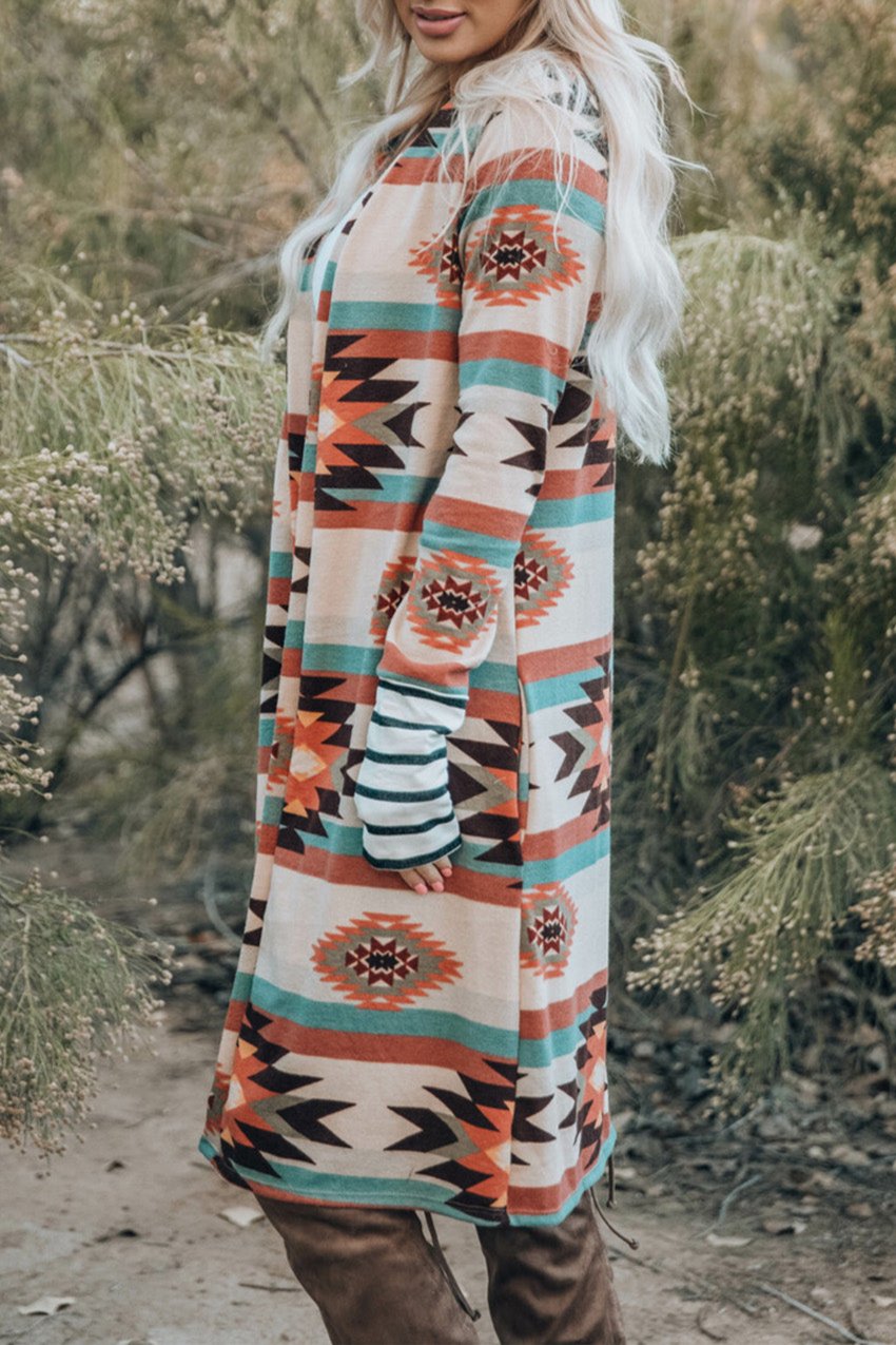 Aztec Stripe Open Front Long Cardigan