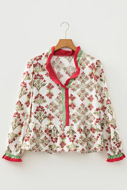Floral Frilled Colorblock V-Neck Peplum Top