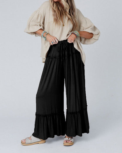 Ruffle Drawstring Wide Leg Pants