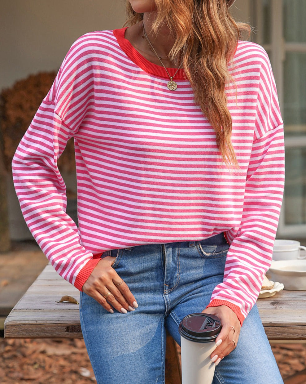 Stripe Contrast Drop Shoulder Sweater