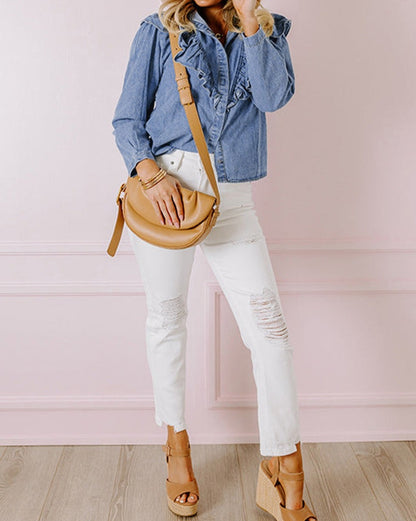 Denim Ruffle Long Sleeve Top