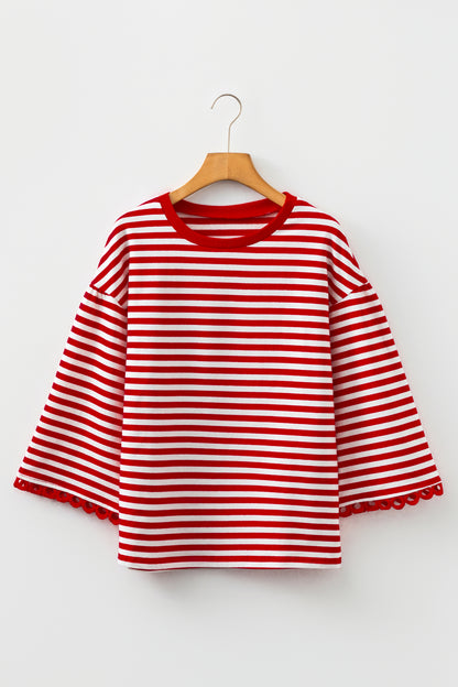 Stripe Lace Trim 3/4 Sleeve Top