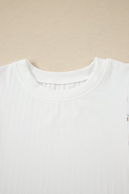 Floral Patchwork Ribbed Knit Short Sleeve Top