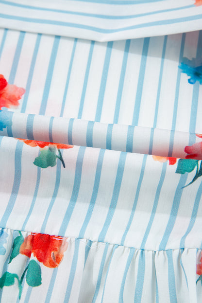 Stripe Floral Ruffle Sleeve Belted Mini Dress