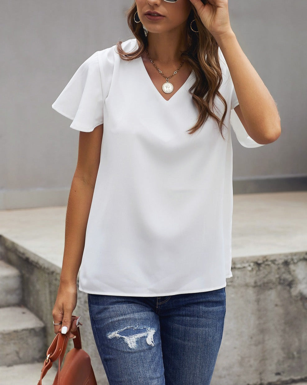 Ruffle Short Sleeve V-Neck Tee