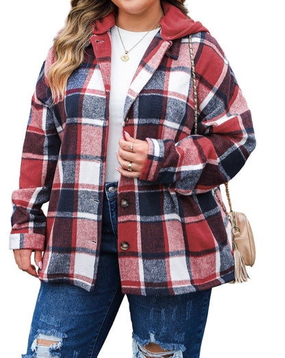 Plaid Button-Up Hooded Jacket Plus Size