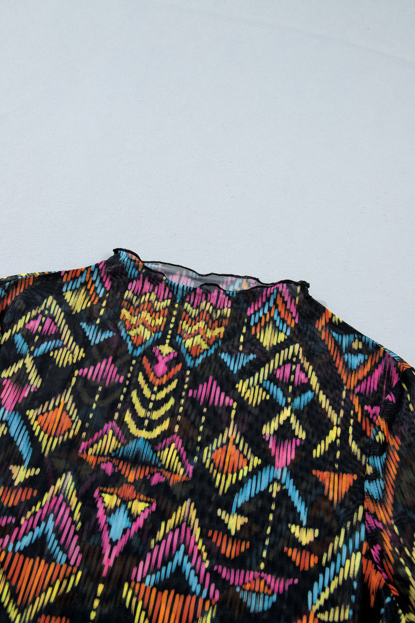 Aztec Mesh Mock Neck Long Sleeve Top