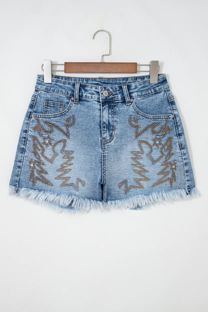 Western Embroidered Studded Denim Shorts