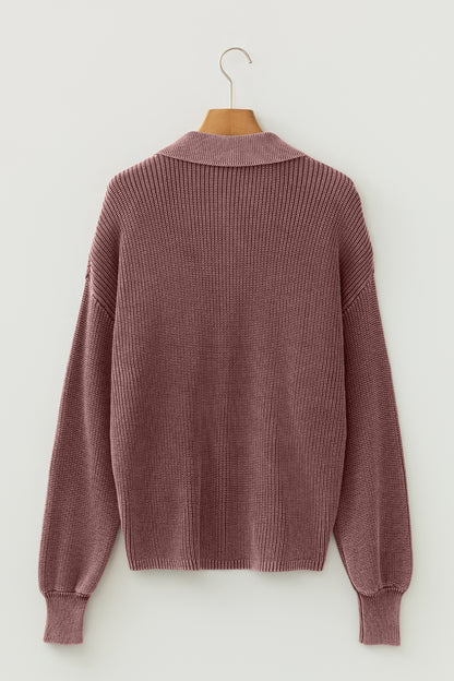 Mineral Wash Buttoned Polo Collar Knit Sweater
