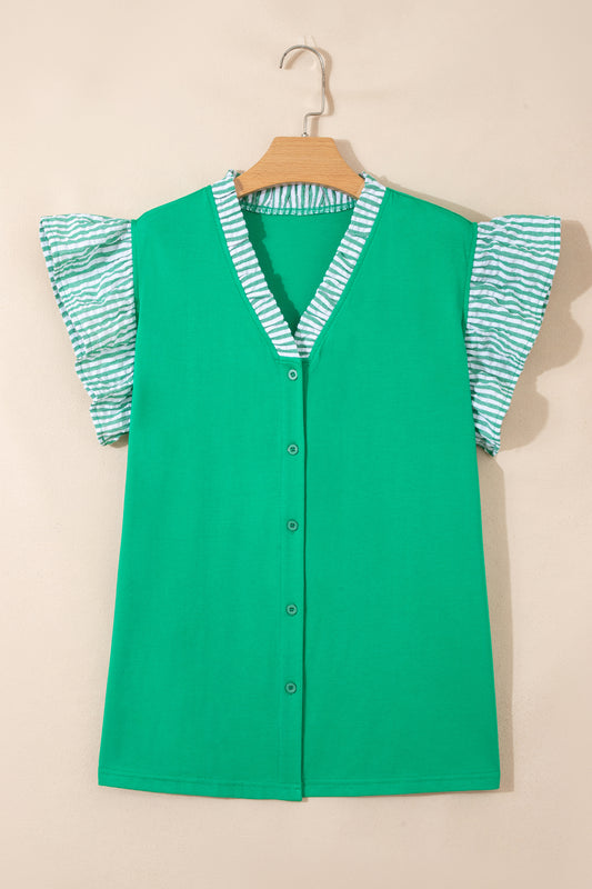 Plus Size Stripe Trim Ruffle Sleeve V-Neck Blouse