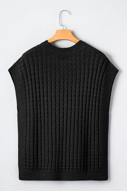 Solid Textured Round Neck Short Sleeve Sweater