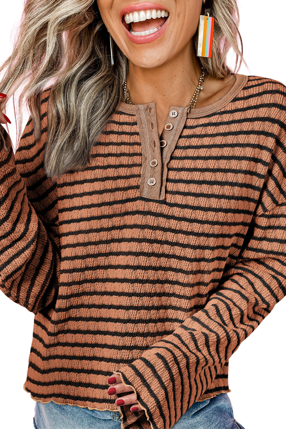 Stripe Textured Long Sleeve Henley Top