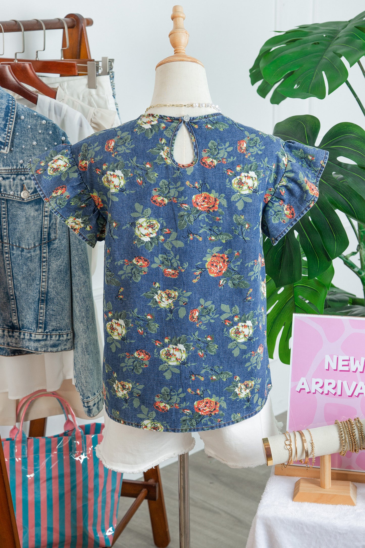 Floral Denim Ruffle Short Sleeve Top