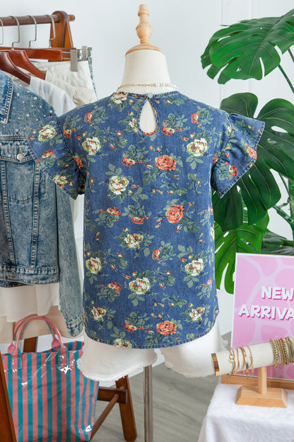 Floral Denim Ruffle Short Sleeve Top