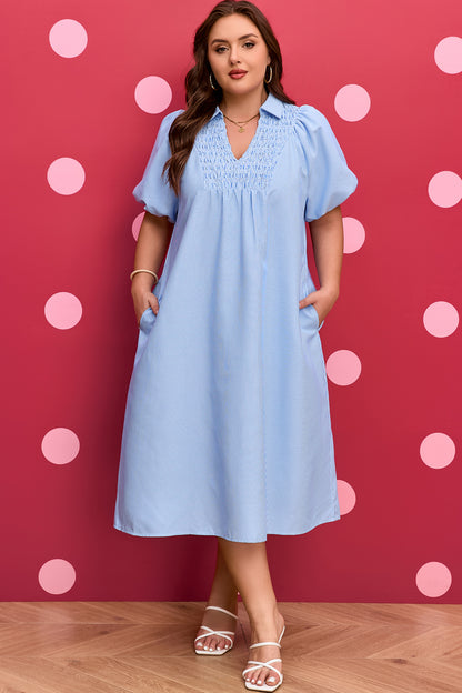 Plus Size Stripe Shirred Collared V-Neck Midi Dress