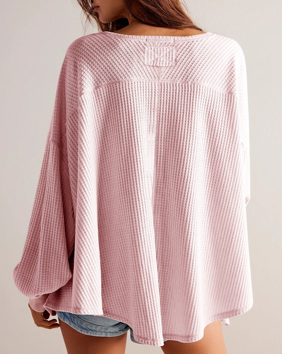 Waffle V-Neck Long Sleeve Blouse