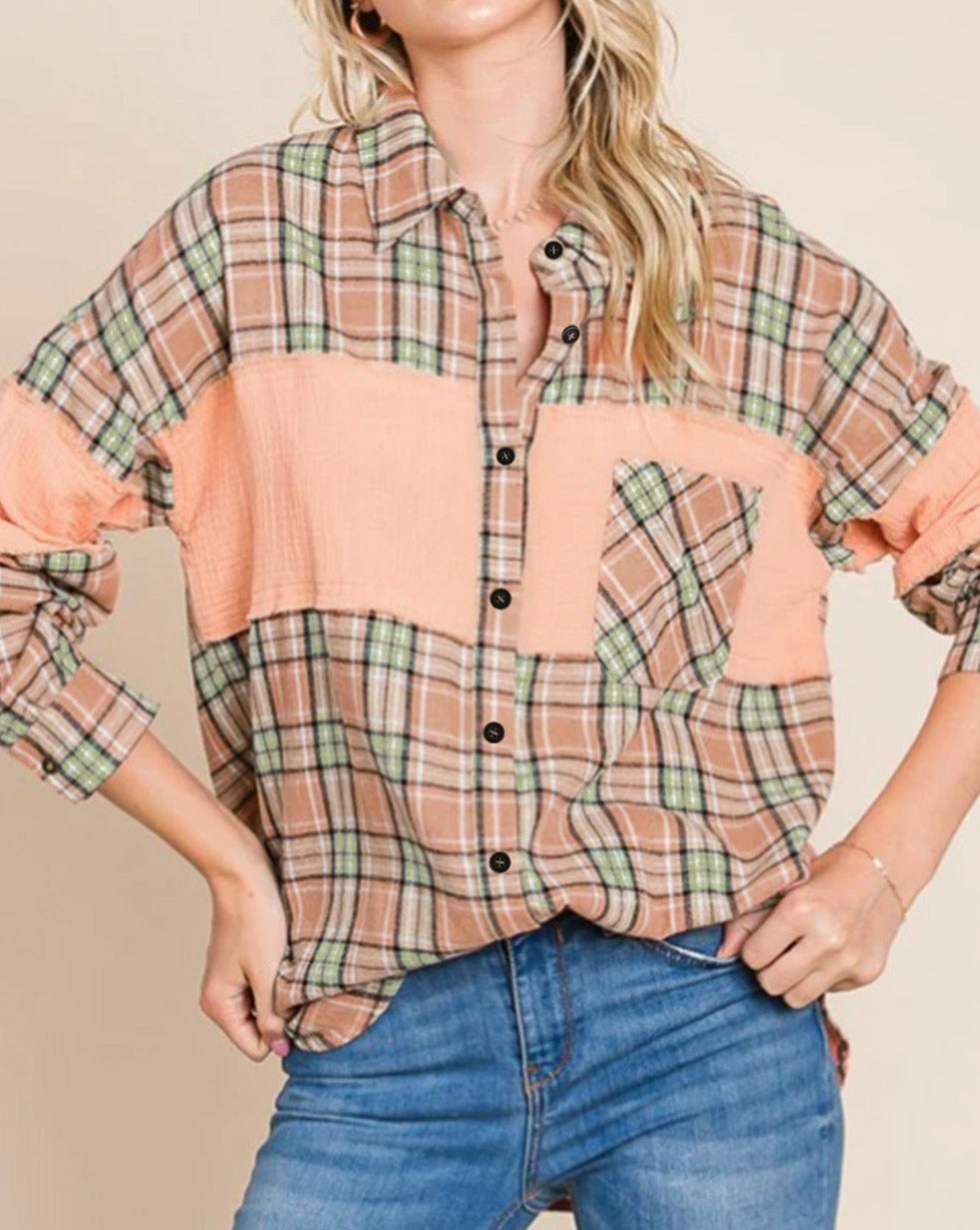 Plaid Crinkle Patchwork Buttoned Shirt