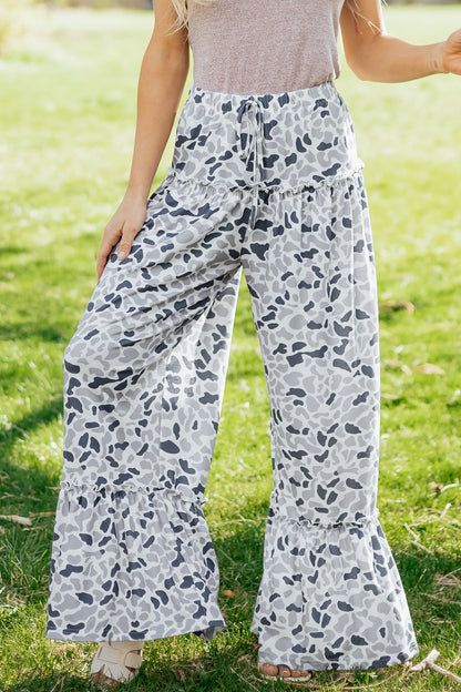 Camo Ruffle Wide Leg Drawstring Pants