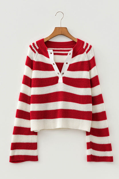 Stripe Colorblock Grommet V-Neck Bell Sleeve Sweater