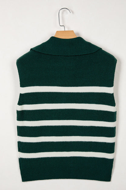 Stripe Ribbed Half-Zip Collar Sleeveless Sweater