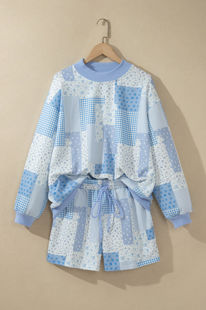 Floral Patchwork Sweatshirt & Drawstring Shorts Set