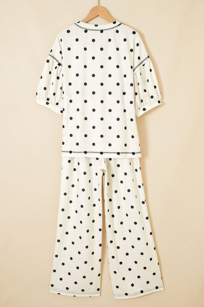 Polka Dot 3/4 Sleeve Top & Elastic Waist Pants Set