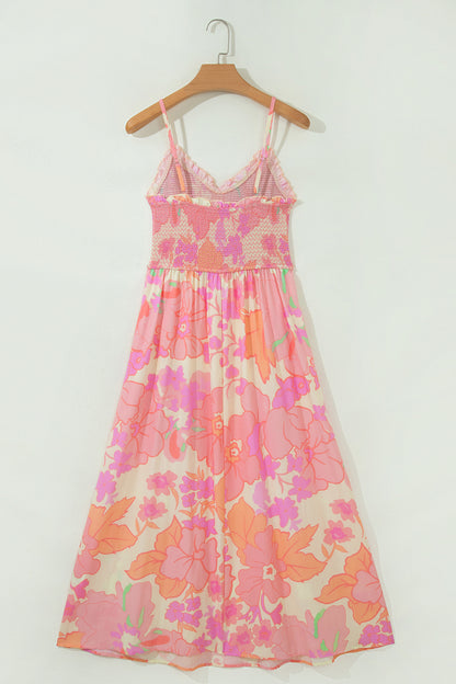 Floral Spaghetti Strap Shirred High Waist Dress