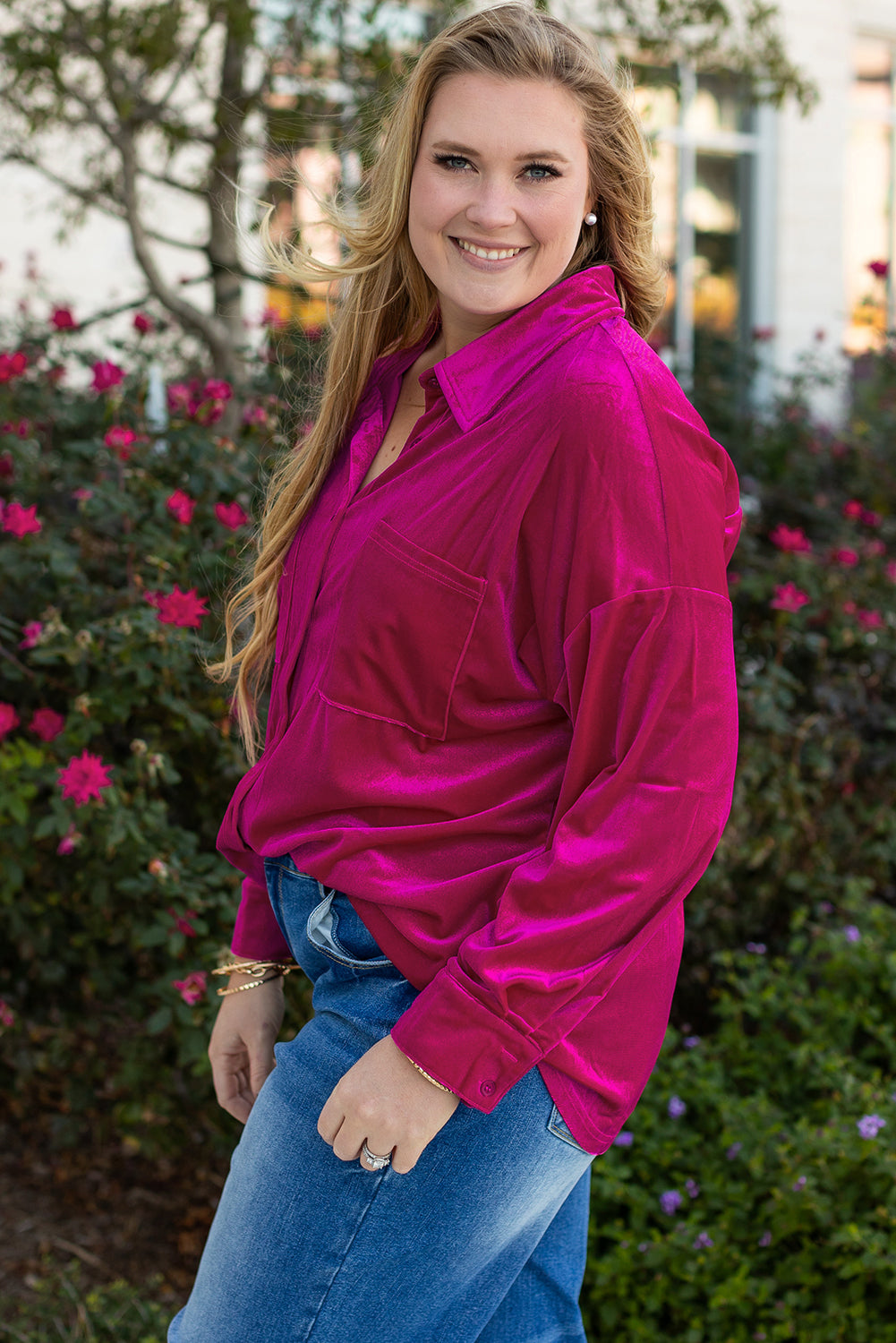 Plus Size Velvet Button-Up Pocketed Drop Shoulder Shirt