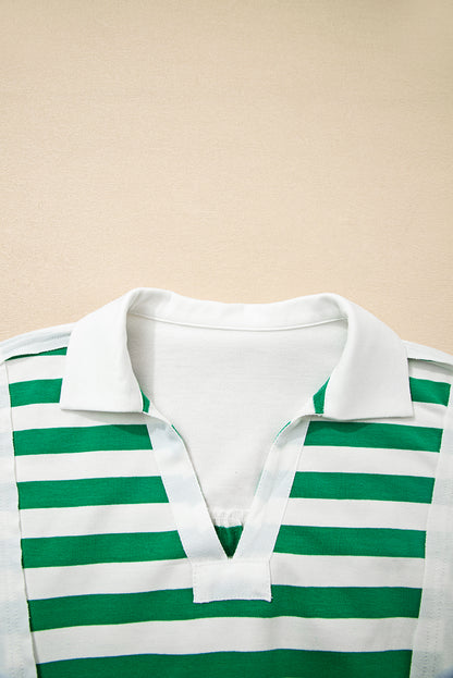 Stripe Colorblock Collared V-Neck Cropped Top