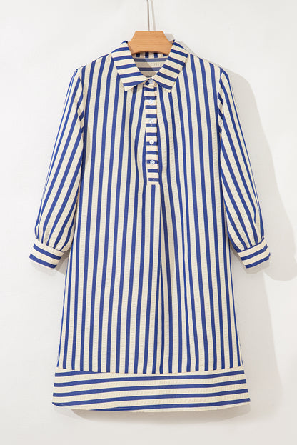 Stripe Buttoned Collar Side Pockets Mini Dress