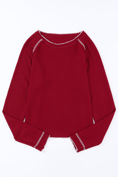 Solid Waffle Knit Round Neck Long Sleeve Top