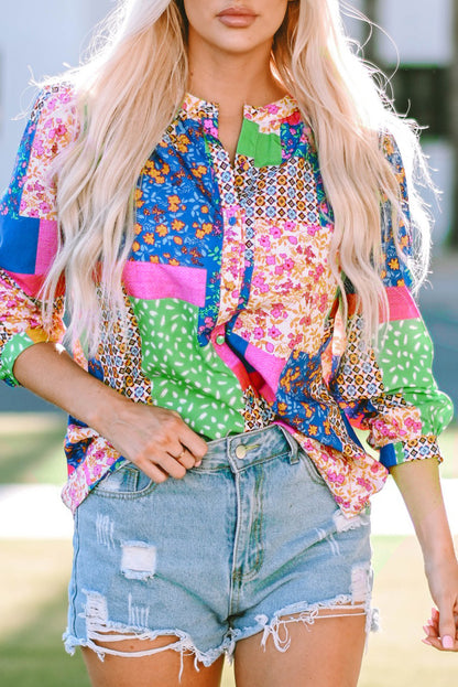 NEW! Multicolor Patchwork Buttoned Blouse