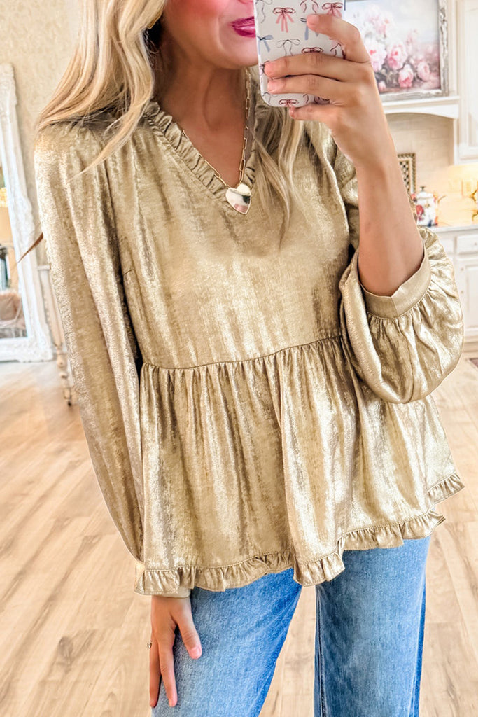 Metallic V-Neck Puff Sleeve Blouse