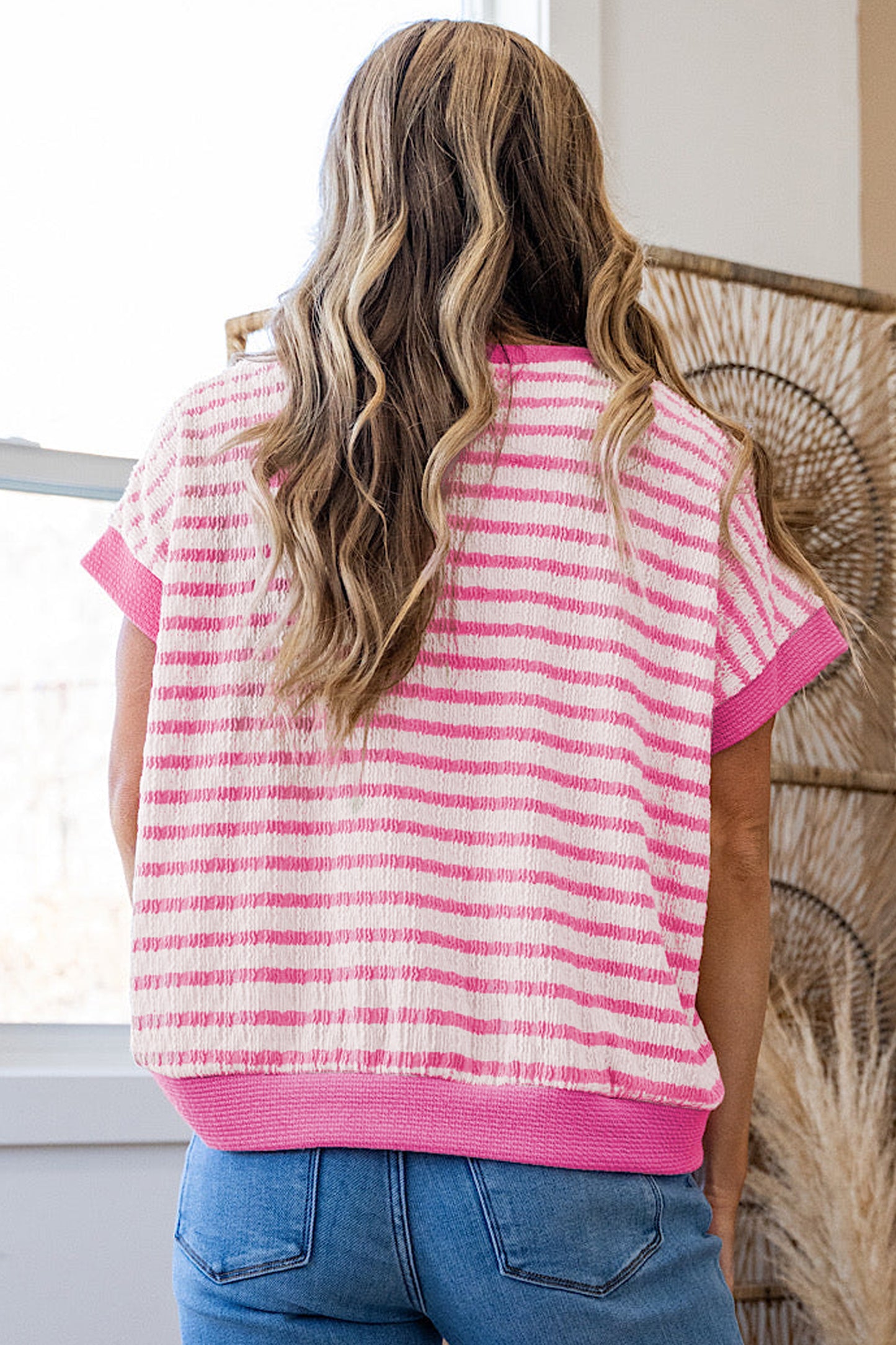 Stripe Textured Knit V-Neck Short Sleeve Top