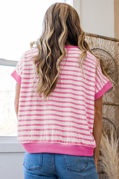 Stripe Textured Knit V-Neck Short Sleeve Top